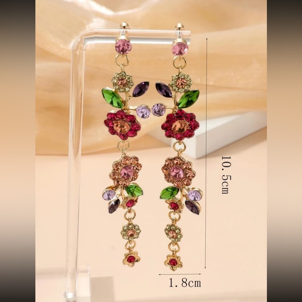 Romantic Flowers Earrings, Rhinestone Flower Earrings - Picture 4 of 4